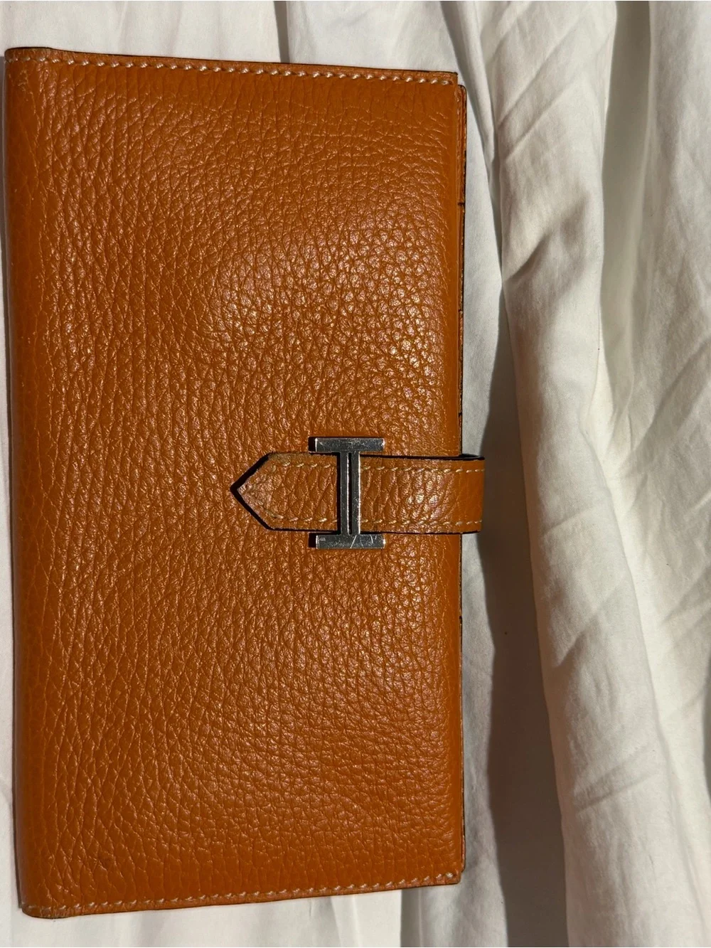 Hermes Cognac Brown Togo Leather Wallet with Silver H Closure